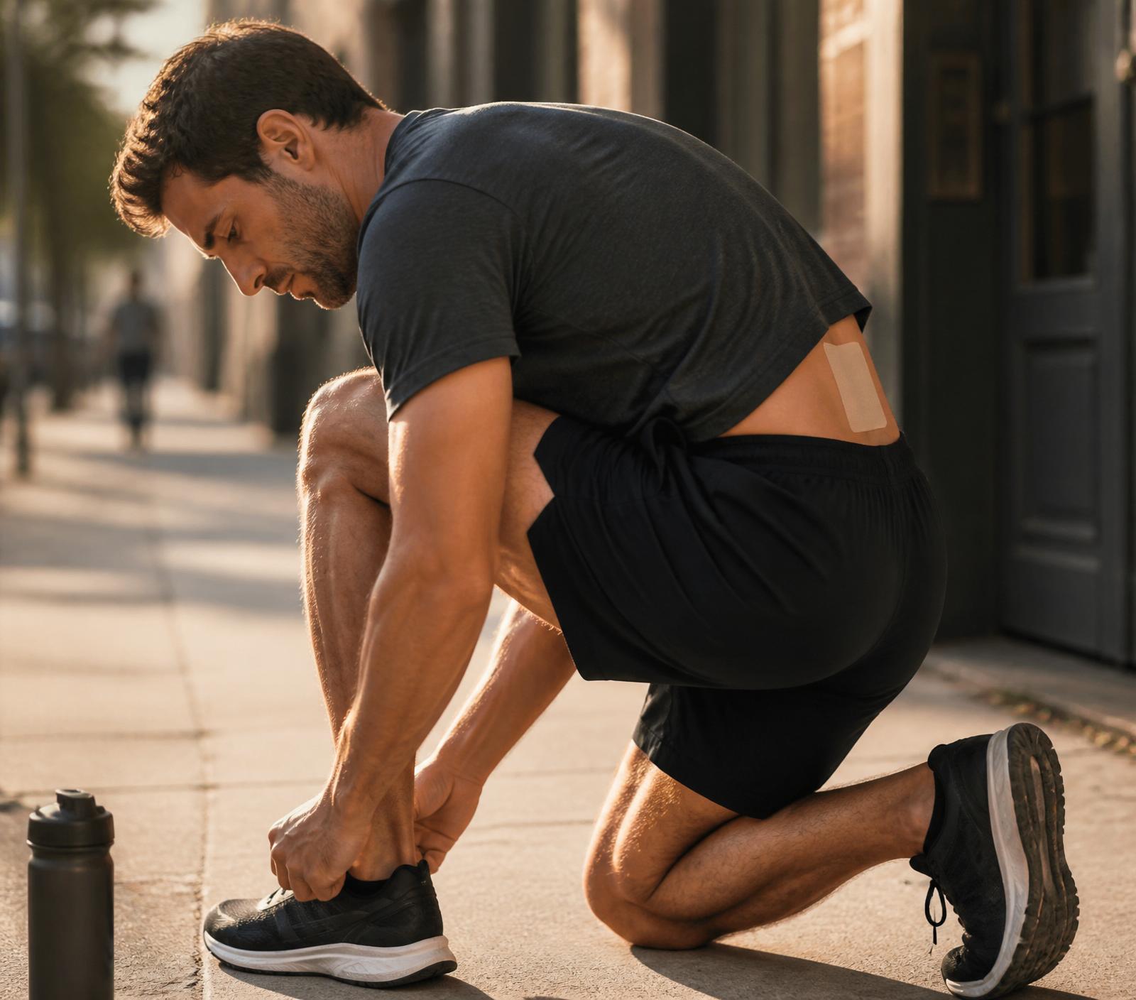 Athlete tying shoes on a city sidewalk with a Re-Lieved pain patch applied to lower back